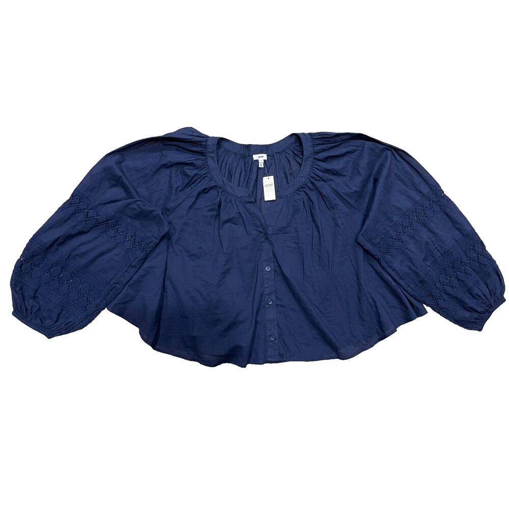 NWT Aerie Women's Navy Crochet Button Crop Top Boho Size S Oversized Peasant